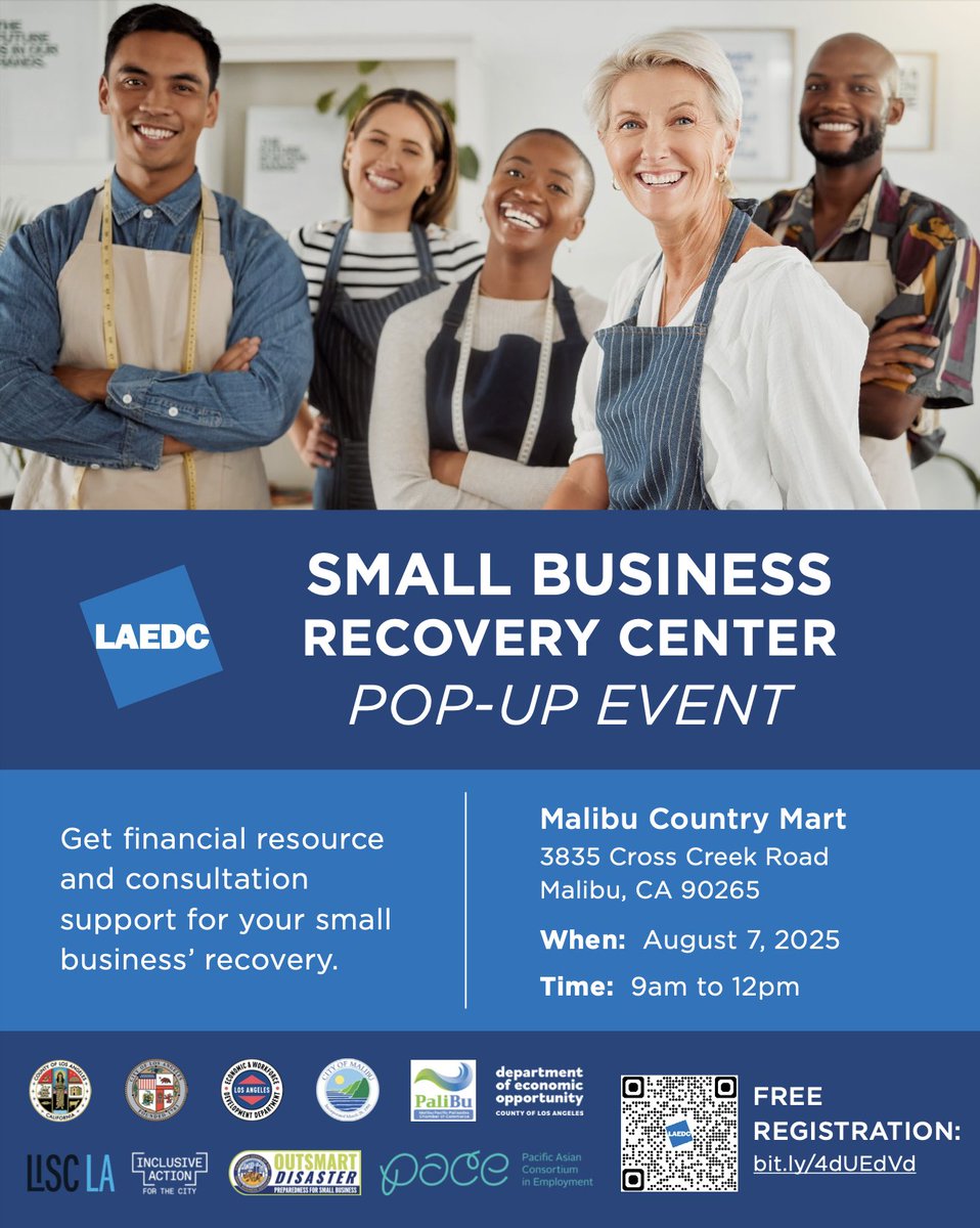 EconOppLA's tweet image. DEO, @LAEDC, @lisc_losangeles, and local partners will join the Small Business Recovery Center Pop-Up next Sunday, August 7th, in Malibu to provide one-on-one support for businesses impacted by the Eaton Fires.
Register here: bit.ly/4dUEdVd