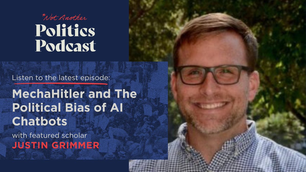 HarrisPolicy's tweet image. Open the black box of programs like ChatGPT to see how they reflect, and possibly influence, politics in this week’s episode of Not Another Politics Podcast. Listen here: har.rs/4mfciCh