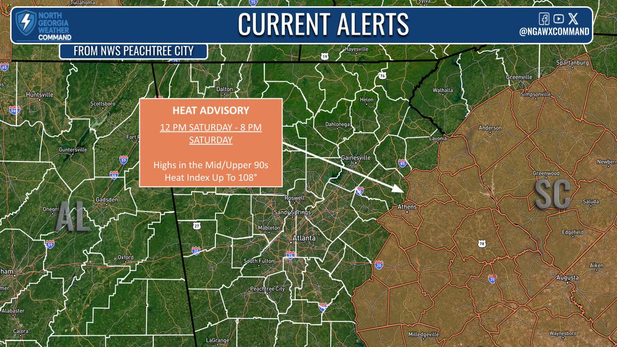 NGAWXCommand's tweet image. WEEKEND HEAT:
A heat advisory has been issued for portions of east-central Georgia, with temperatures in the mid-90s and feels-like temperatures in the triple digits. Drink plenty of fluids, find some cool air, and wear lighter clothes to beat the heat. #gawx #Georgia #heatwave