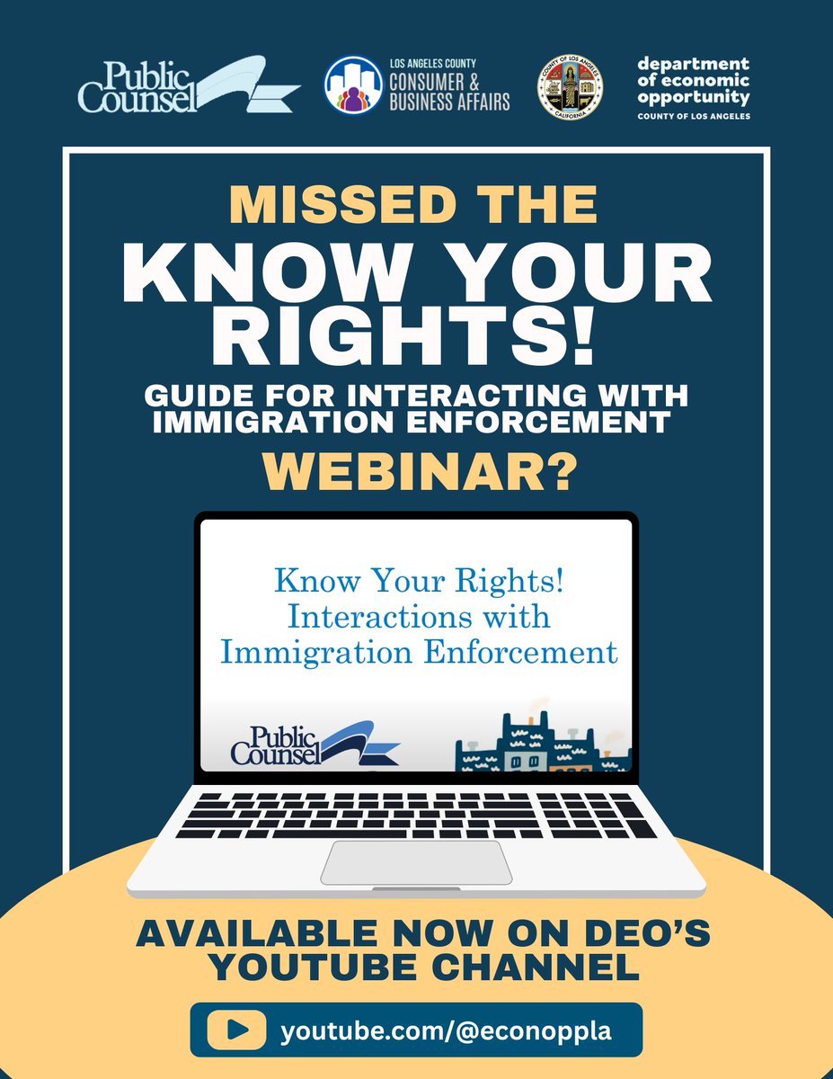 EconOppLA's tweet image. Missed the "Know Your Rights" webinar?
Watch it anytime on DEO’s YouTube channel and learn how to protect and understand your rights in the event that immigration agents visit your office, business, or facility.
🎥 Watch now 👉 bit.ly/KYRWebinar