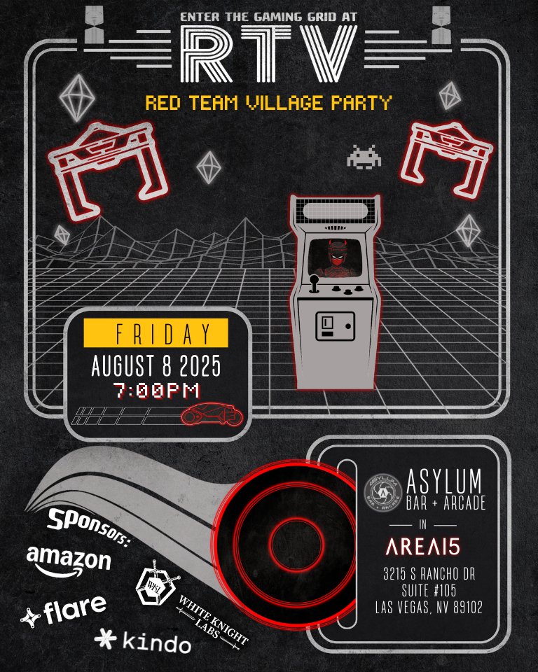 RedTeamVillage_'s tweet image. 🚨 RTV Party Code Drop!
Use code X7FQ-92LT-MCAB-K3P9 to unlock your ticket 🎟️
👉 eventbrite.com/e/red-team-vil…
GO GO GO — they won’t last long.
@redteamvillage_