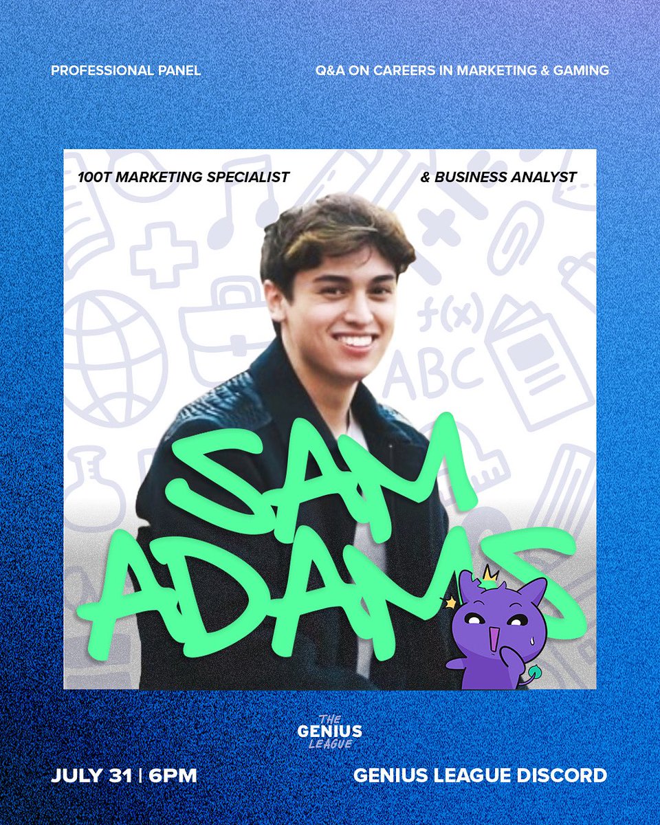 Join Sam Adams, 100T Marketing Specialist and Business Analyst, in this professional panel where he'll be sharing his insights on brand strategy and data!
📅 July 31 @ 6PM PT
📍 Genius League Discord 

discord.gg/the-genius-lea…