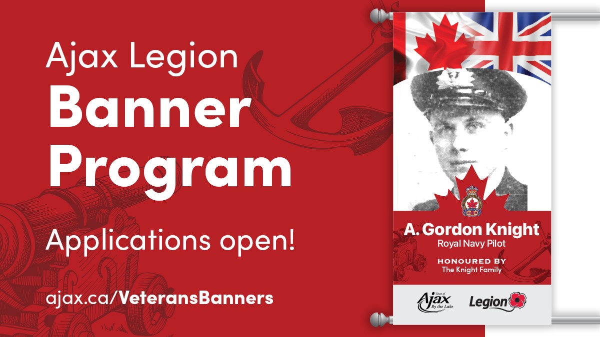 TownOfAjax's tweet image. The Ajax Legion is accepting applications for the 2025 Banner Program!
Apply today to have a banner displayed on lamp posts in Ajax and honour TOA’s history.
Banners pay tribute to all Canadian and Allied veterans, active service personnel and employees of Defense Industries…