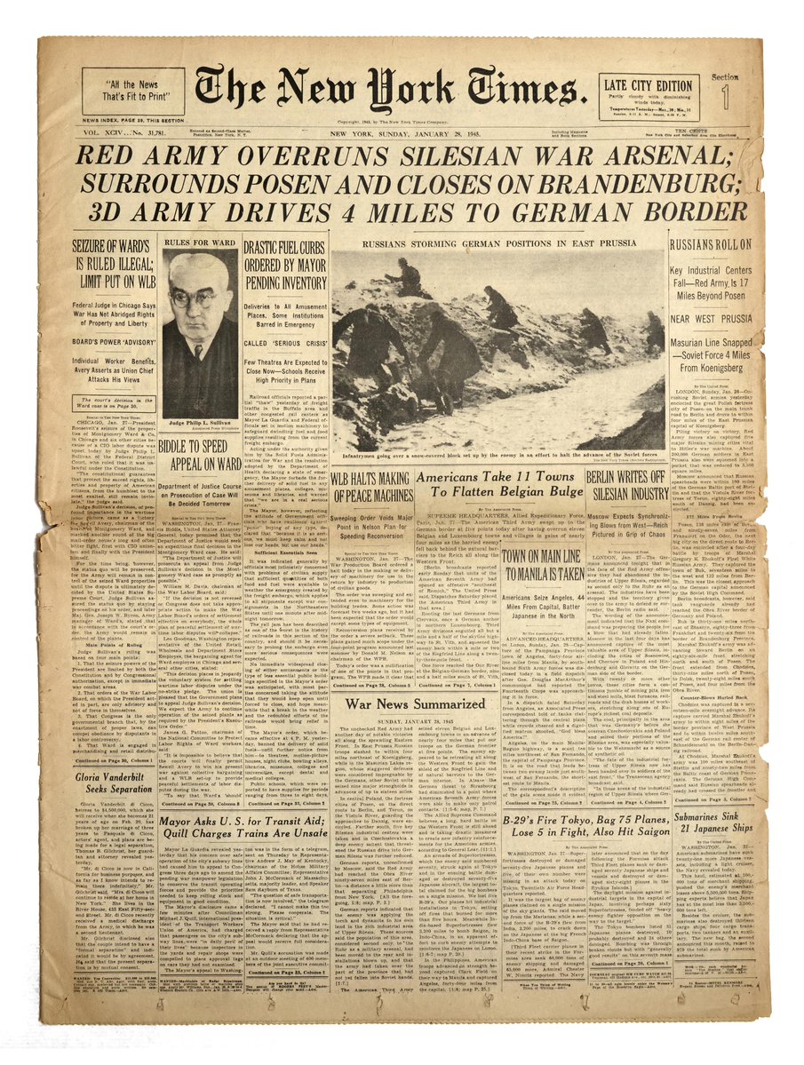 auschwitzxhibit's tweet image. Front page and page 3 of the New York Times, January 28, 1945. Notably, the cartographer who created the map on page 3 included Oświęcim, marked as a white dot in the lower corner along the broken black line on the front page. Collection of @Musealia_