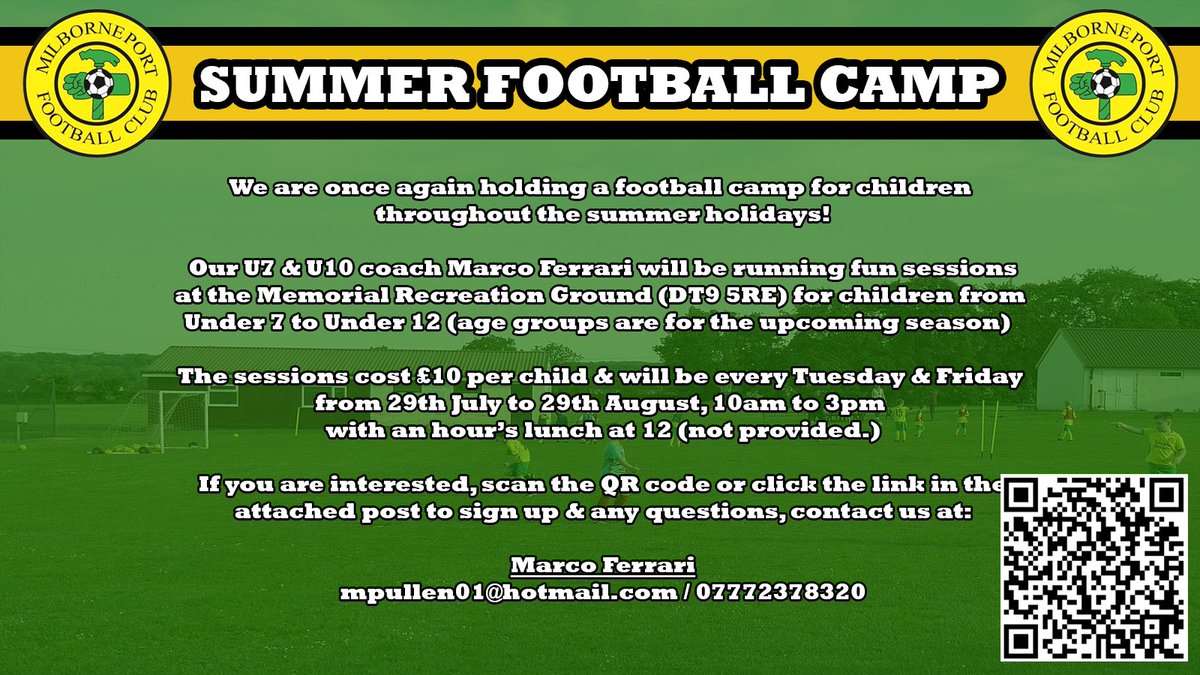 ⚽️Summer Football Camp!⚽️

From 10-3 every Tuesday &amp; Friday children aged U7s to U12s can join us for days filled with football fun!  Running from 29/7 to 29/8, it's £10 a day per child so if you are interested, scan the QR code or click the link below 👇

app.teamfeepay.com/s/DNmIoMsHrq