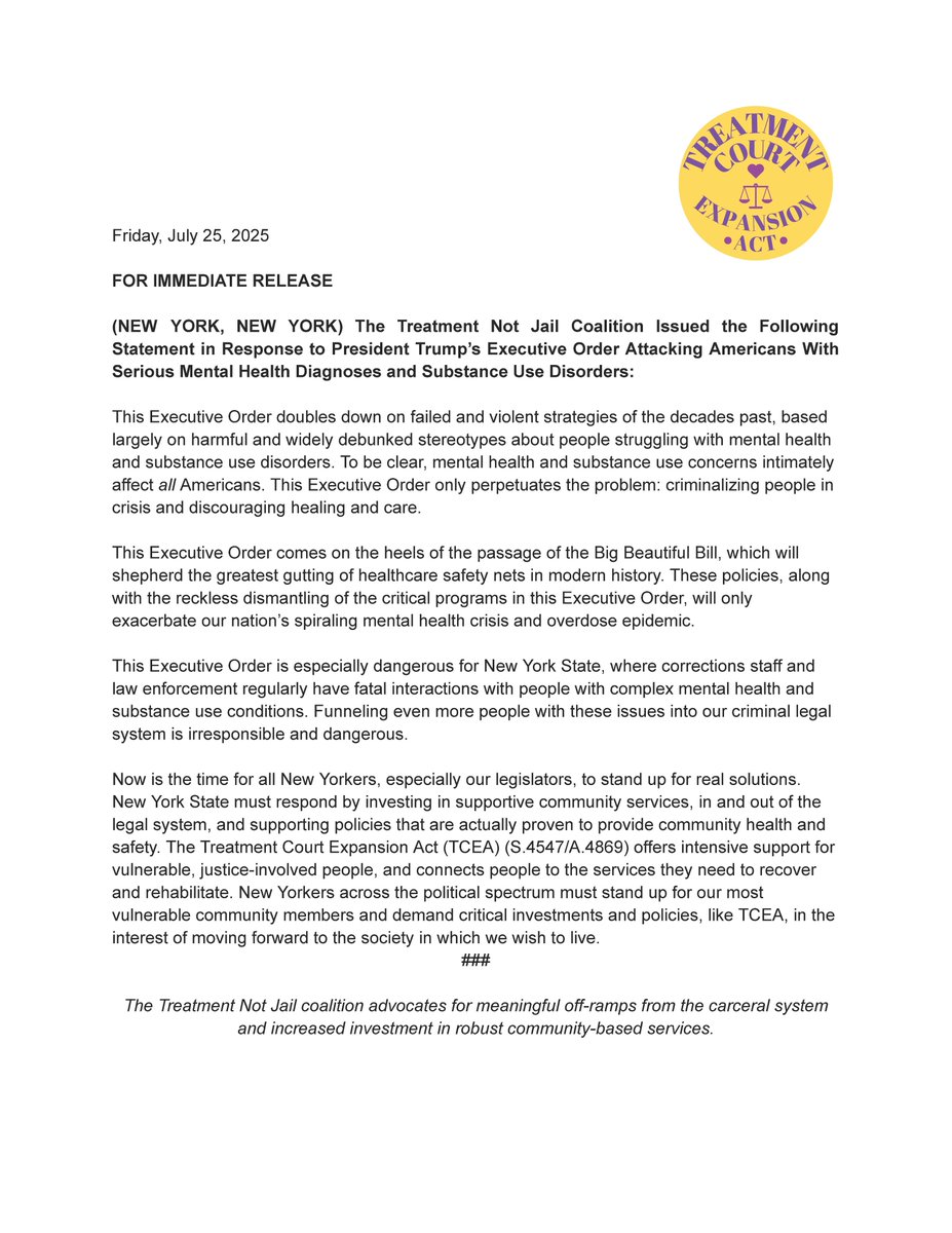 Our statement on Trump's horrifying Executive Order proposing to gut lifesaving treatment services and further criminalize and institutionalize the millions of Americans living with mental health and substance use disorders.