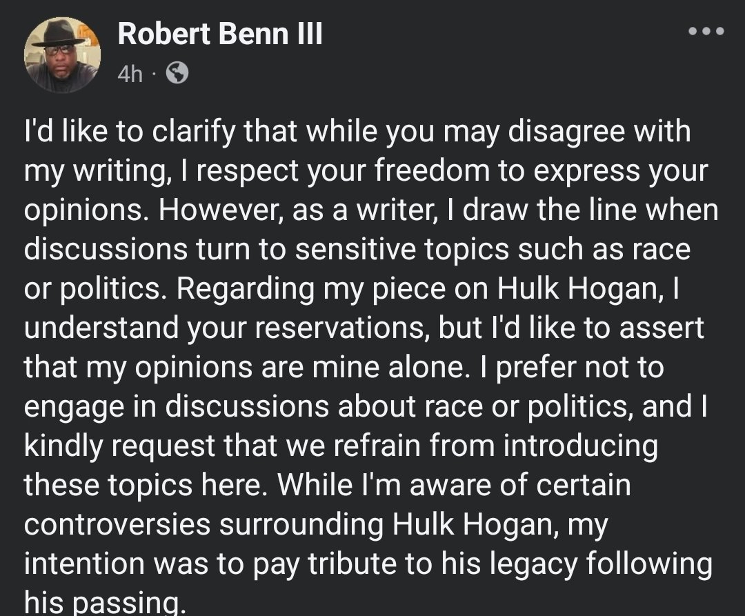 Actor Robert Benn (@benn1actor) on Twitter photo I wrote a tribute to #HulkHogan and as a black man, I'm getting the worst backlash. I want to say this. A a kid he was my idol I paid tribute to him. <a href="/TheRock/">Dwayne Johnson</a> <a href="/imcorinnemec/">Corin Nemec</a> <a href="/GMA/">Good Morning America</a> <a href="/UkeeWashington/">Ukee Washington</a> <a href="/HaroldPerrineau/">Harold Perrineau</a> <a href="/WWE/">WWE</a> I wrote a tribute to #HulkHogan and as a black man, I'm getting the worst backlash. I want to say this. A a kid he was my idol I paid tribute to him. <a href="/TheRock/">Dwayne Johnson</a> <a href="/imcorinnemec/">Corin Nemec</a> <a href="/GMA/">Good Morning America</a> <a href="/UkeeWashington/">Ukee Washington</a> <a href="/HaroldPerrineau/">Harold Perrineau</a> <a href="/WWE/">WWE</a>