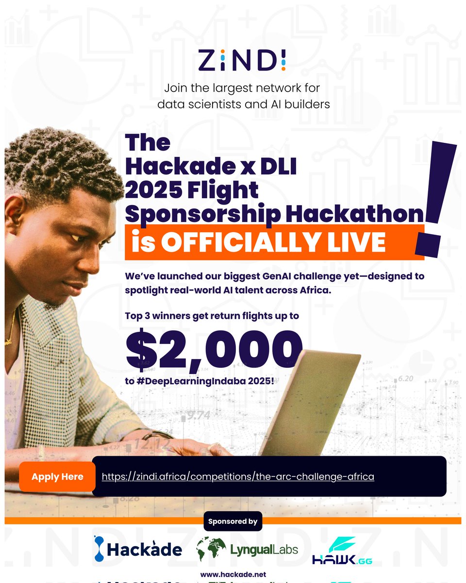 🚀 Hackade x DLI 2025 Flight Sponsorship Hackathon is LIVE! 🏆 Win return flights (up to $2,000) to #DeepLearningIndaba2025! 
Join now: zindi.africa/competitions/t…
Thanks to <a href="/Hawk__sa/">Hawk Gaming Group</a> &amp; <a href="/LyngualLabs/">LyngualLabs</a> for sponsoring our winners! 
#GenAI #Africa"