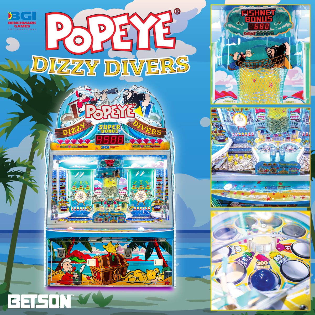 Popeye Dizzy Divers is a two-player game. Players try to finish challenges to earn ticket bonus features. The "Fishnet Bonus" will make the fishnet move over the player's area.