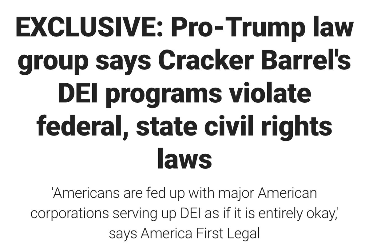 ConsumersFirst's tweet image. 🚨 @America1stLegal filed complaints with @AGTennessee and the @USEEOC over Cracker Barrel's alleged discriminatory employment practices and DEI policies.
"Cracker Barrel and other American corporations must take discrimination by any name off the menu once and for all."…
