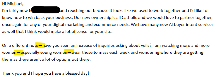 I almost responded to this email from a vendor we haven't used in a while. 

Then I noticed the multiple em dashes in the second paragraph. Sure sign that this was generated by ChatGPT.

I wouldn't mind if they used AI to write this email if they didn't make it so obvious.