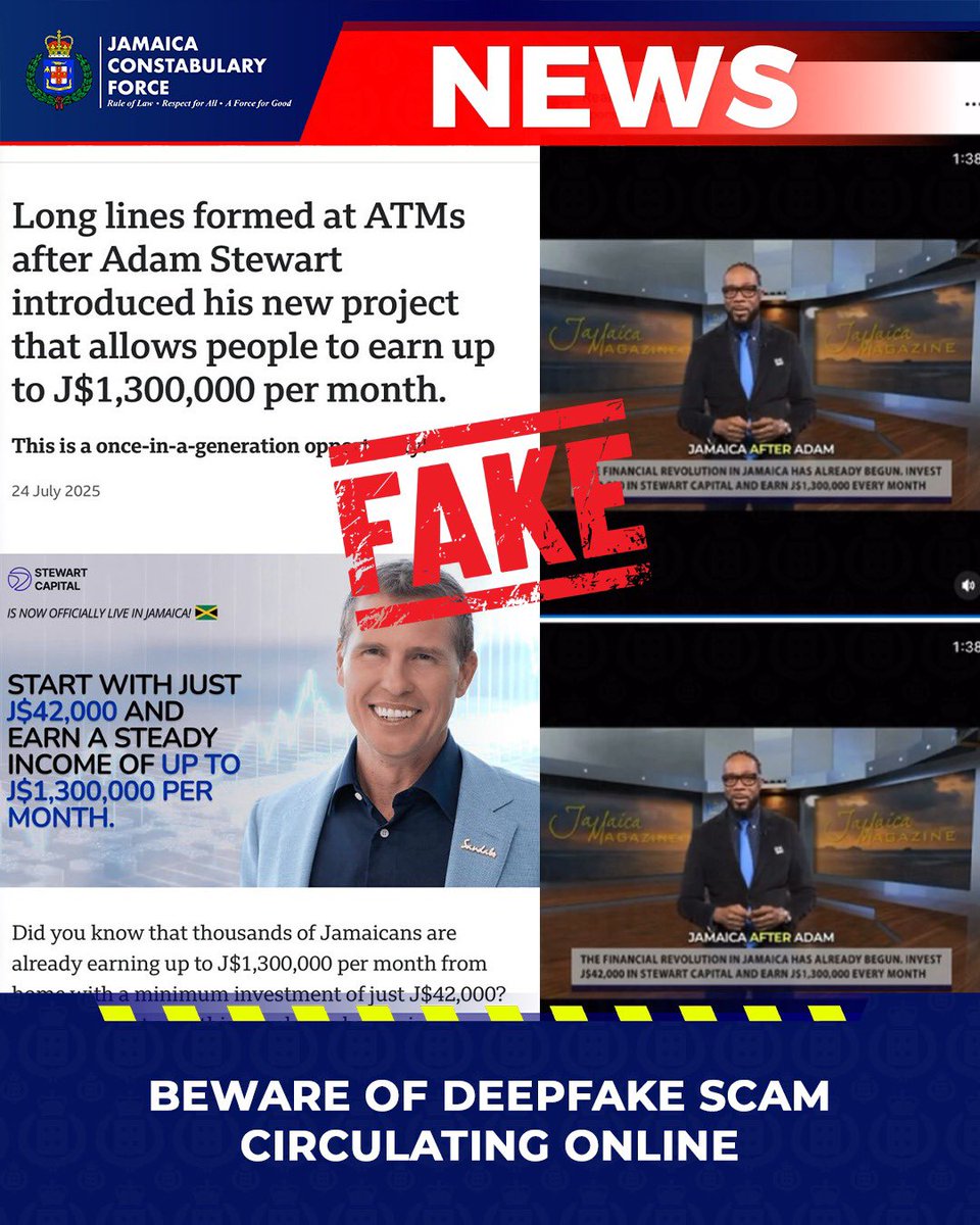JamaicaConstab's tweet image. The Jamaica Constabulary Force (JCF) is aware of a video currently circulating on social media and messaging platforms that falsely appears to show prominent Jamaican businessman, Adam Stewart endorsing an investment fund. Investigations have confirmed that the video is a…