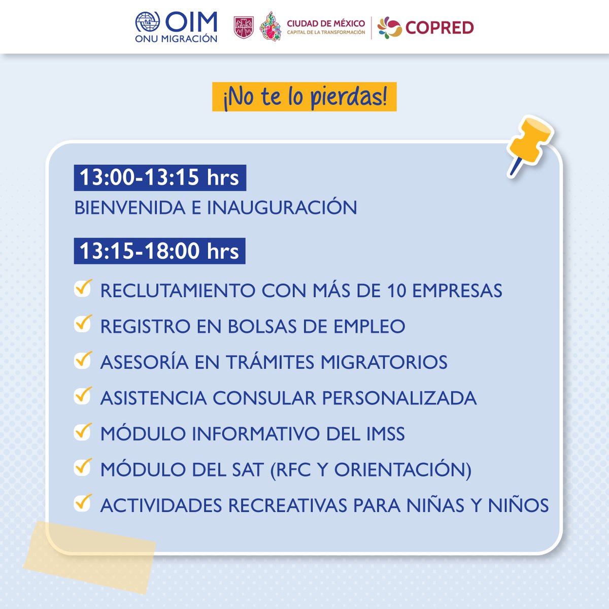 Evento de Integración Laboral y Servicios.

✅ Vacantes laborales de empresas confiables
✅ Orientación sobre afiliación al seguro social, derechos laborales y más.
✅ Ambiente familiar y espacios informativos

📋 Regístrate aquí: forms.office.com/e/F4qrrigeQc