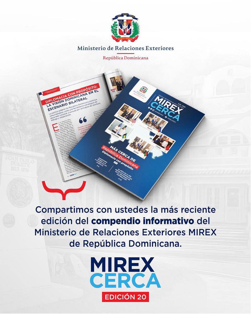 rdenmilan's tweet photo. Compartimos con ustedes la más reciente edición de la revista institucional del @mirexrd, MIREX CERCA en la que abordamos diferentes temas de cara a implementar la política exterior dominicana y fomentar el liderazgo del país a nivel regional y global. https://t.co/lyFU3oCWqS