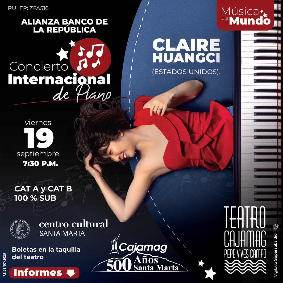 🎹 El teatro Cajamag en su franja Música del Mundo presenta un concierto internacional de piano en alianza con el Banco de la República.

🎶 Disfruta del talento de la reconocida pianista Claire Huangci 🇺🇸 (Estados Unidos)

👉INSCRIPCIÓN PARA VER ONLINE: cajam.ag/conciertointer…