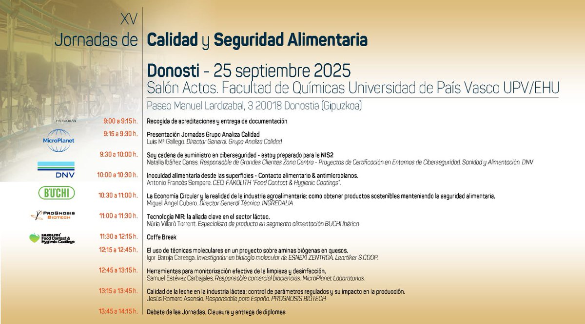 XV #Jornadas #Calidad y #SeguridadAlimentaria 

25 #Septiembre #Donosti 

#PonentesExpertos 

Jesús Romero Asensio. Responsable para España. PROGNOSIS BIOTECH
#Calidad de la #leche en la industria #láctea: control de parámetros regulados y su impacto en la producción