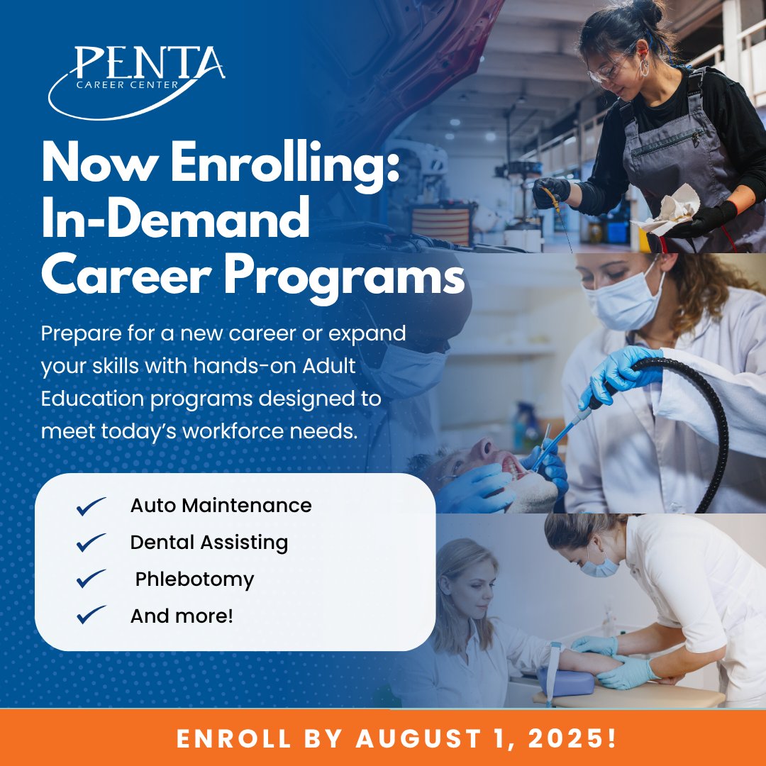 pentacareerctr's tweet photo. Thinking about a new career path or building skills that employers are looking for? Our Adult Education programs are a great place to start.

We still have openings in several hands-on training programs, including:

🔧 Auto Maintenance
🏗️ Construction Technologies
🦷 Dental Assisting
💉 Phlebotomy
💆 Massage Therapy
🏭 Intro to Manufacturing
⚙️ PLC Training

Whether you're ready to pursue a new direction or want to strengthen your marketable skills, we’re here to help you take that next step.

📅 Register by next Friday, August 1st, to get started! https://t.co/njlOCmVqVZ