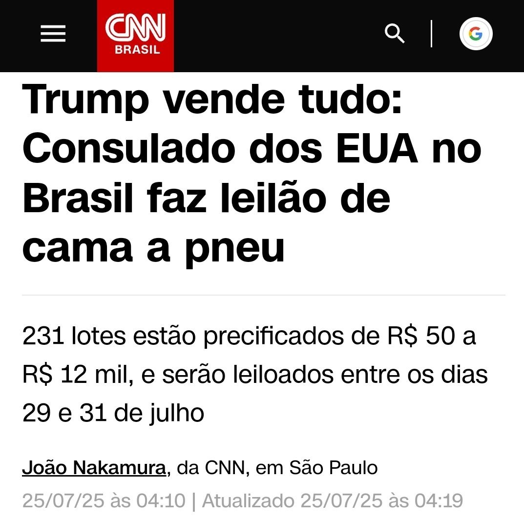 EronSchmid40637's tweet image. 🛑 EUA vende tudo do consulado em leilão entre 29 e 31 de julho. É no mínimo curioso, haja vista a data final do procedimento é véspera do início do tarifaço‼️®️