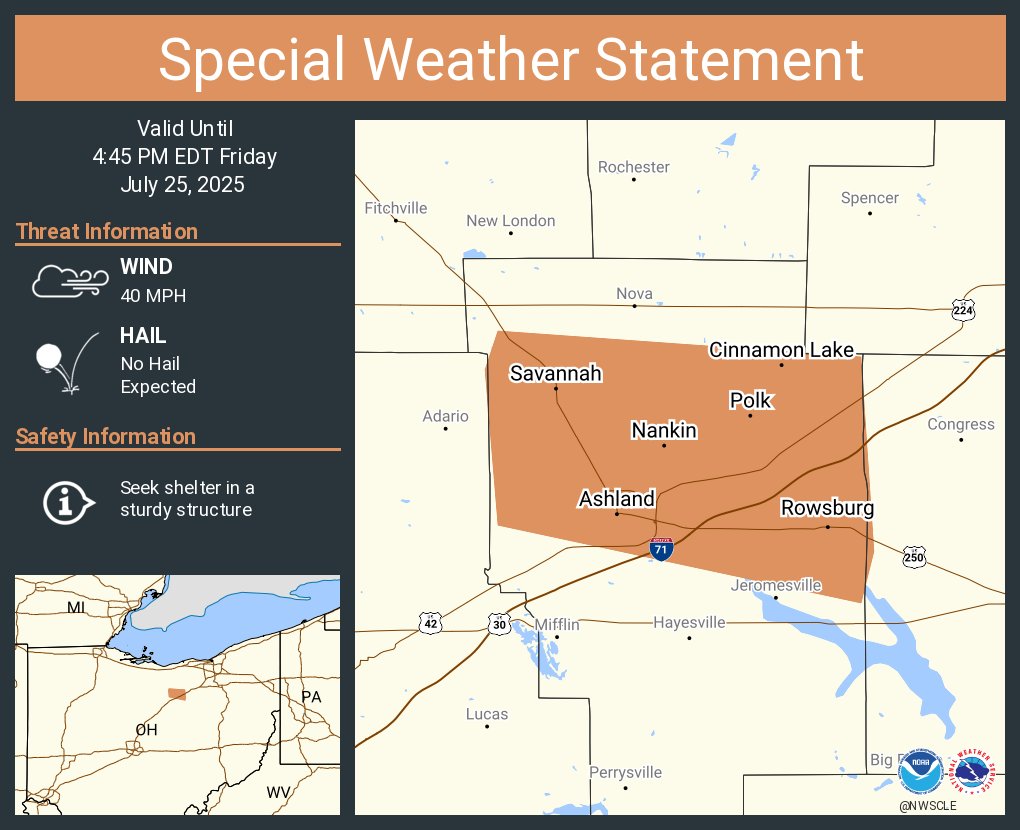 NWSCLE's tweet image. A special weather statement has been issued for Ashland OH, Cinnamon Lake OH and Savannah OH until 4:45 PM EDT