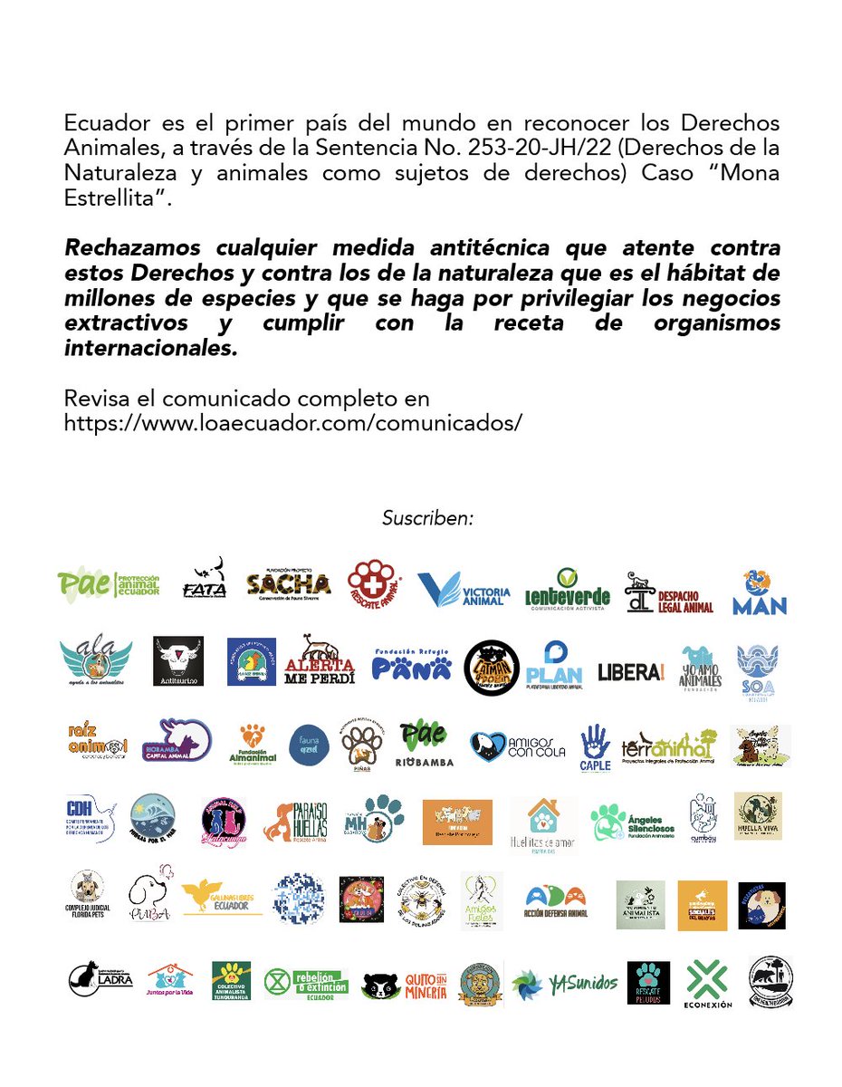 LoaEcuador's tweet image. Al país y a @DanielNoboaOK , presidente del Ecuador
¡La fusión del Ministerio de Ambiente con Energía y Minas es un atentado contra la protección de la naturaleza y los animales!

Lee el comunicado completo de las organizaciones en loaecuador.com/comunicados/