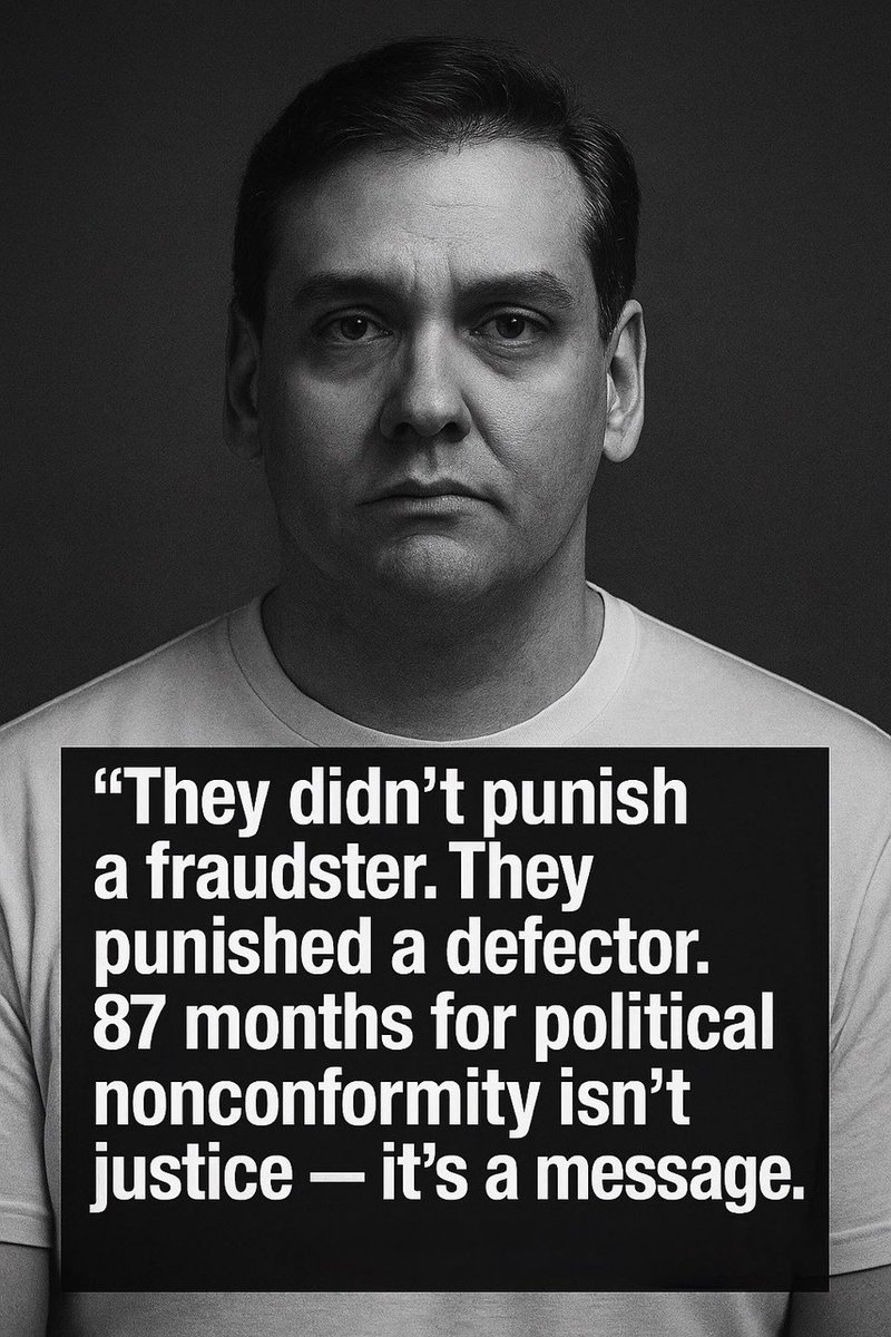 DavidShapiro98's tweet image. George Santos just got 87 months in federal prison.
Not for violence.
Not for espionage.
But for misusing campaign funds and lying to donors — the kind of thing career politicians skate on every day.
He pled guilty to fraud, but 87 months isn’t justice — it’s political…