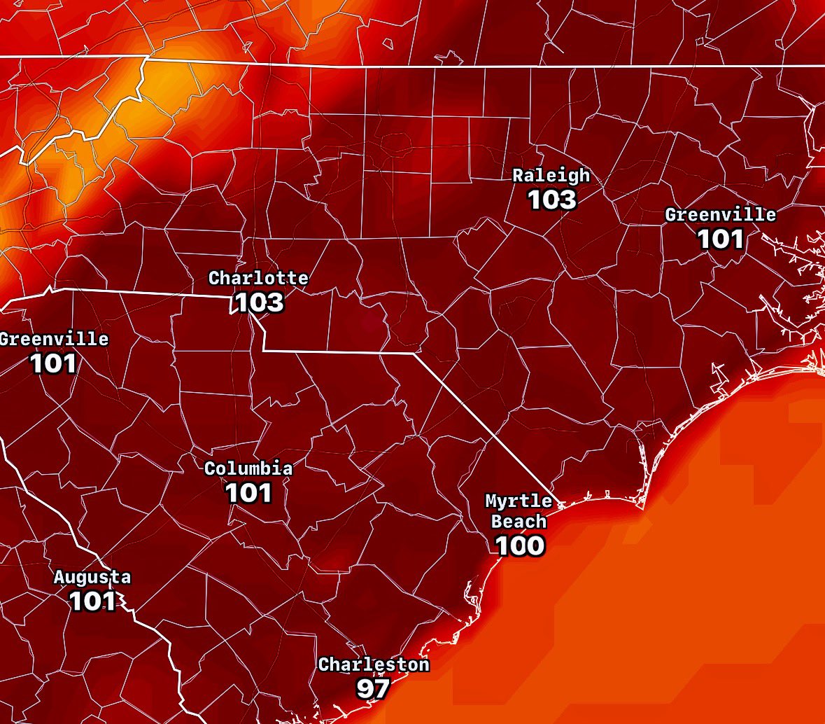 weatherinNC's tweet image. Heat is the story this weekend. Heat indices will be well above 100°
Overnight lows won’t cool off much.