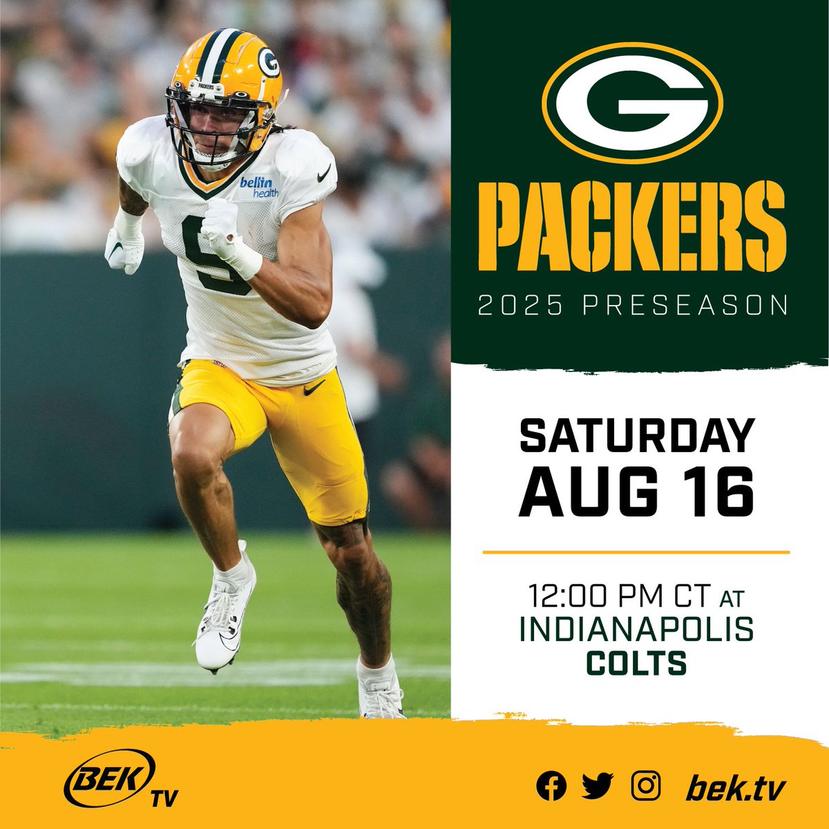 🏈 The Packers are heading to Indy!
Don’t miss the Green Bay Packers vs. Indianapolis Colts preseason clash.

📅 Saturday, August 16
⏰ 12:00 PM CT
📺 LIVE on BEK TV and BEK TV+
🎥 bektv.plus/videos/2025_08…

#BEKTV #NFLPreseason #Packers #Colts #FootballSaturday