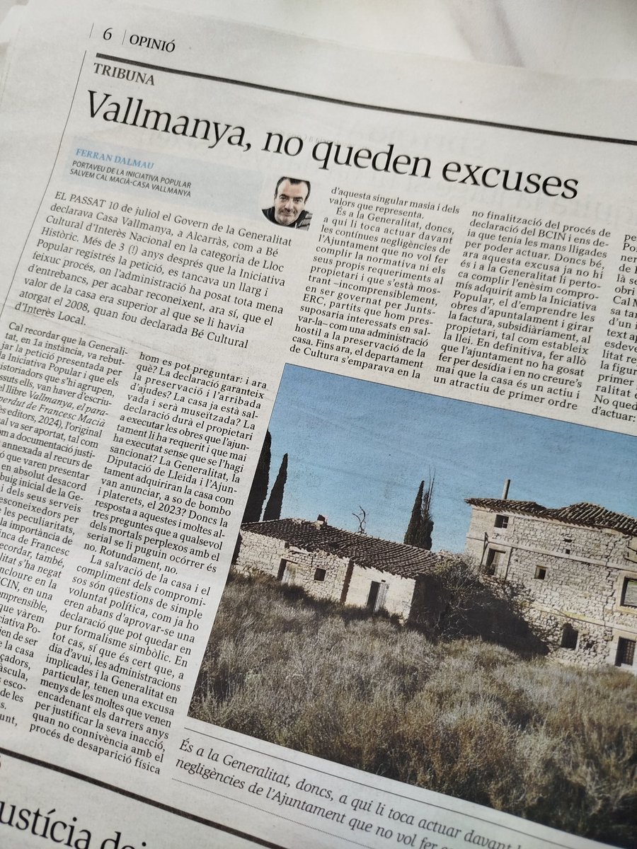 #SalvemCasaVallmanya (@salvemcalmacia) on Twitter photo Avui, al <a href="/SEGREcom/">SEGRE</a>, hi podeu llegir l'article de <a href="/Ferran_Dalmau/">Ferran Dalmau Vilella</a>: «Vallmanya, no queden excuses. <a href="/shalmodovar/">Sònia Hernández</a> <a href="/QBorras/">quim borras</a> <a href="/cultura_cat/">Cultura</a>.
✍️ segre.com/ca/opinio/trib… Avui, al <a href="/SEGREcom/">SEGRE</a>, hi podeu llegir l'article de <a href="/Ferran_Dalmau/">Ferran Dalmau Vilella</a>: «Vallmanya, no queden excuses. <a href="/shalmodovar/">Sònia Hernández</a> <a href="/QBorras/">quim borras</a> <a href="/cultura_cat/">Cultura</a>.
✍️ segre.com/ca/opinio/trib…