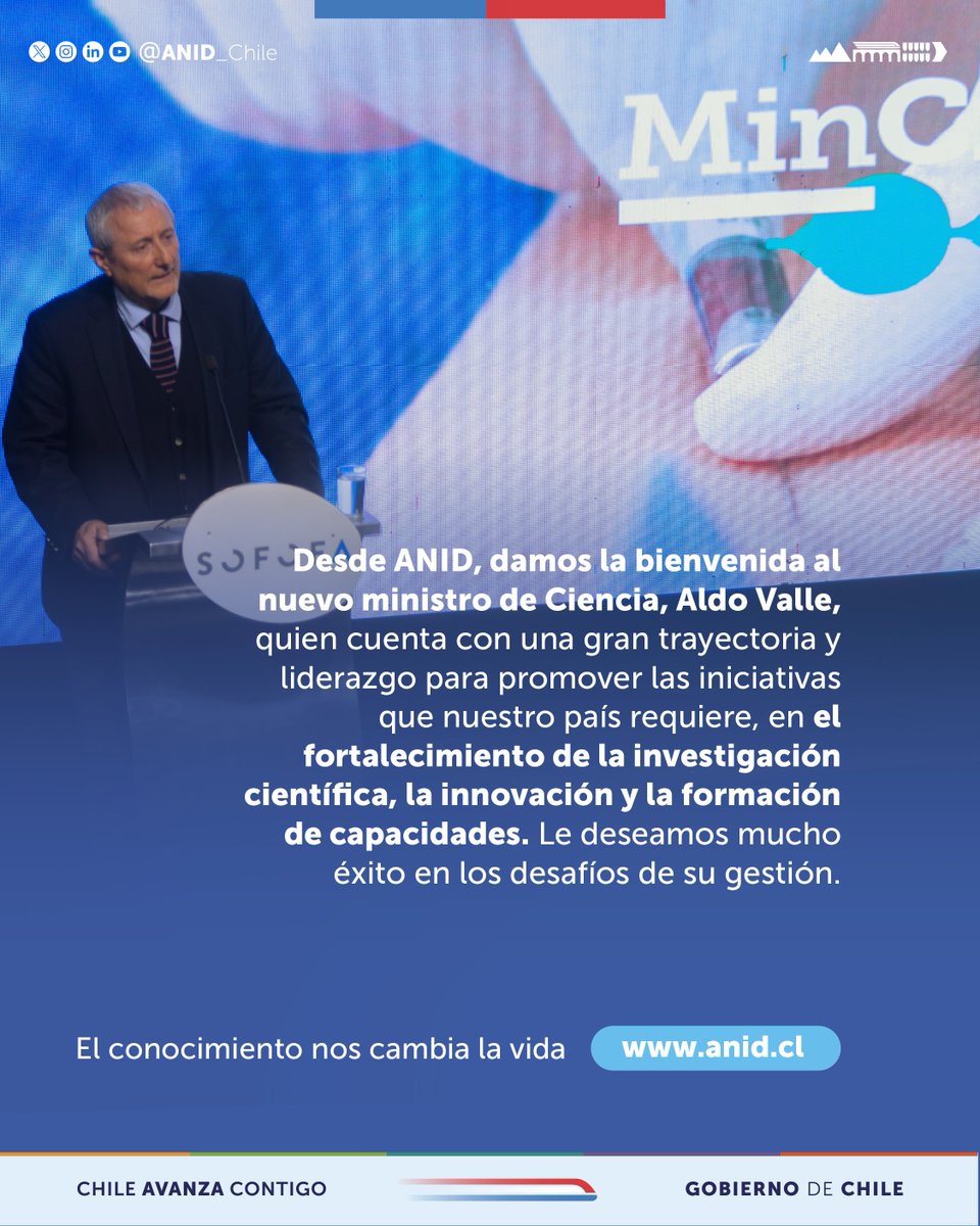 Agencia Nacional de Investigación y Desarrollo (@anid_chile) on Twitter photo Desde <a href="/ANID_Chile/">Agencia Nacional de Investigación y Desarrollo</a>, damos la bienvenida al nuevo ministro de <a href="/min_ciencia/">Ministerio de Ciencia</a>, Aldo Valle, quien cuenta con una gran trayectoria y liderazgo para promover las iniciativas que nuestro país requiere. Le deseamos mucho éxito en los desafíos de su gestión 👏 Desde <a href="/ANID_Chile/">Agencia Nacional de Investigación y Desarrollo</a>, damos la bienvenida al nuevo ministro de <a href="/min_ciencia/">Ministerio de Ciencia</a>, Aldo Valle, quien cuenta con una gran trayectoria y liderazgo para promover las iniciativas que nuestro país requiere. Le deseamos mucho éxito en los desafíos de su gestión 👏