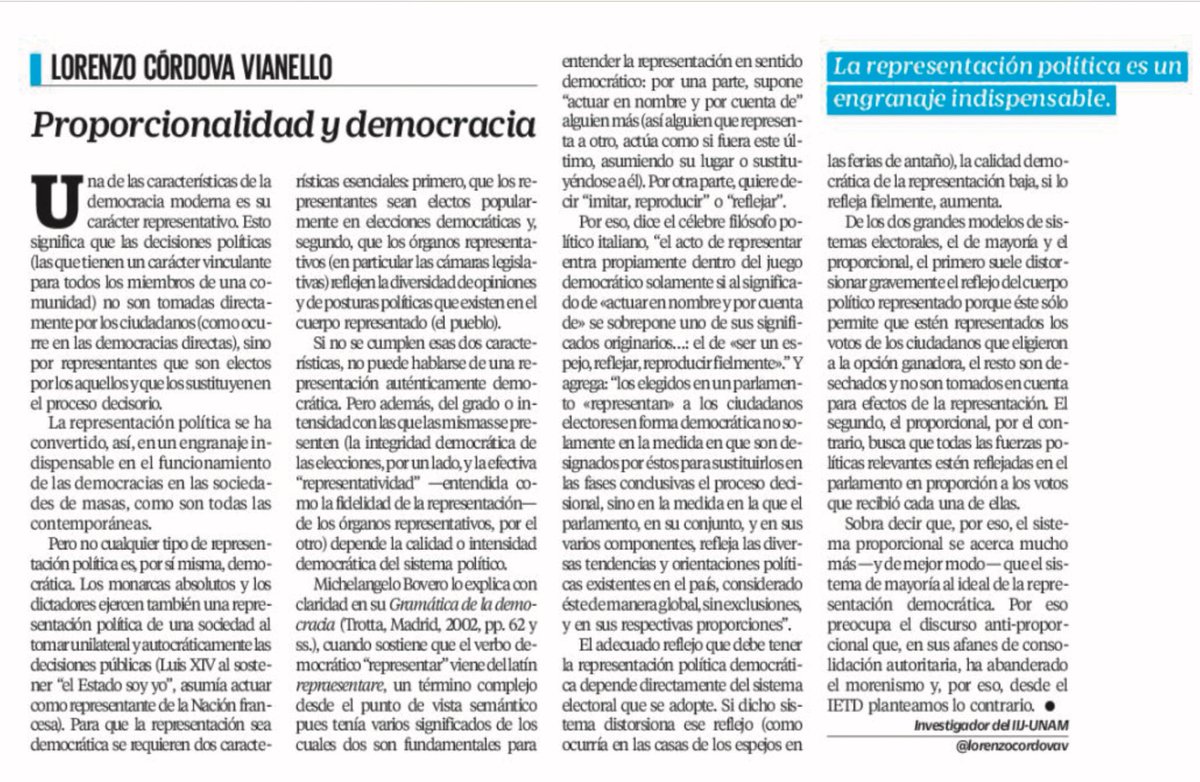 lorenzocordovav's tweet image. El sistema proporcional se acerca mucho más y de mejor modo que el de mayoría al ideal de representación democrática. Por eso es preocupante el discurso anti-proporcional que, en sus afanes de consolidación autoritaria, ha abanderado el morenismo.
Va mi texto en @El_Universal_Mx