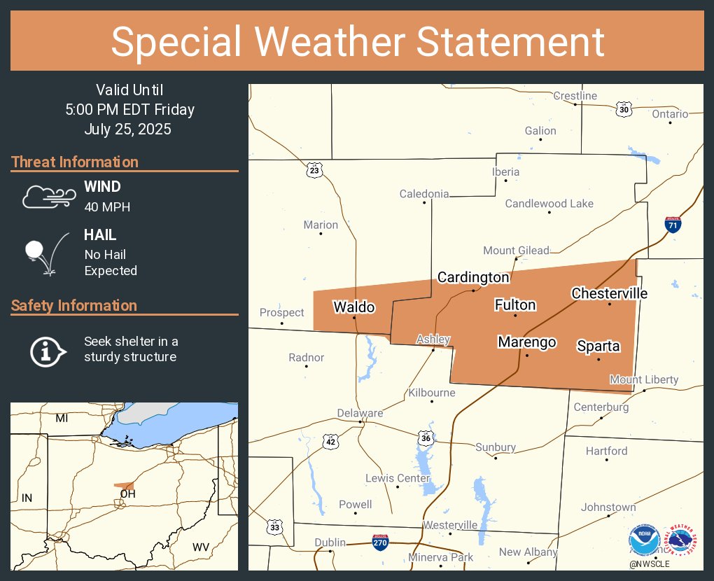 NWSCLE's tweet image. A special weather statement has been issued for Cardington OH, Marengo OH and Waldo OH until 5:00 PM EDT