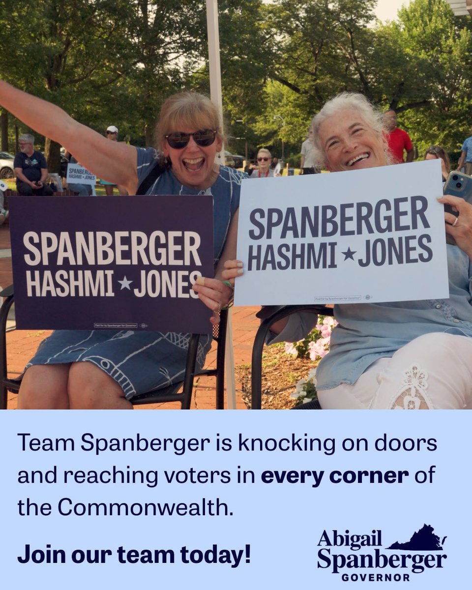 TeamSpanberger's tweet image. Team Spanberger has been on a roll knocking doors and reaching Virginians in every corner of the Commonwealth — and having a blast while doing it.
If you’re ready to help us keep our momentum, join our amazing team! Sign up for a shift: mobilize.us/spanbergerforg…