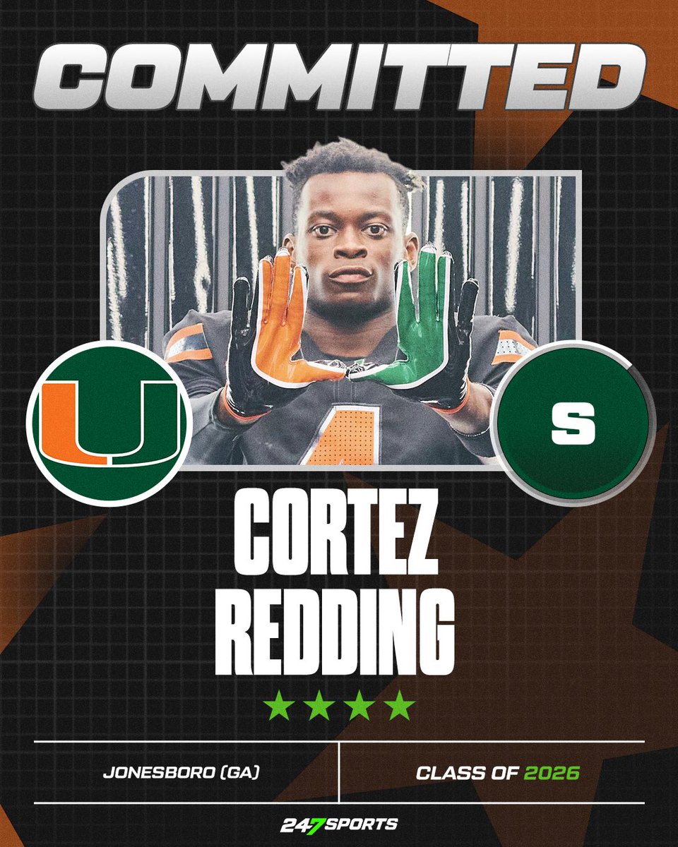 BREAKING: Jonesboro (Ga.) four-star S Cortez Redding commits to Miami over NC State, Indiana, and Ole Miss.

The Canes now have 17 blue-chip prospects committed, according to the <a href="/247Sports/">247Sports</a> Composite—the most of any class in the Mario Cristobal era.

247sports.com/college/miami/…