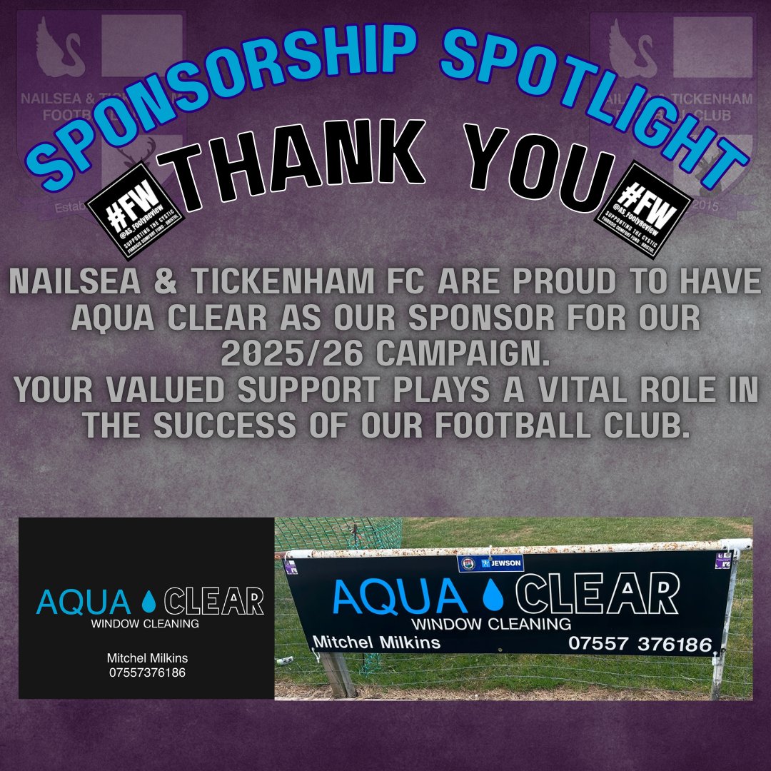 NandTFC's tweet image. Nailsea &amp;amp; Tickenham FC would like to thank Aqua Clear for sponsoring us this season.
Mitchel Milkins provides a window cleaning service that&apos;s second to none and has built up a large client base for the local area.
Please contact Mitchel Milkins on 07557376186 for a reliable…