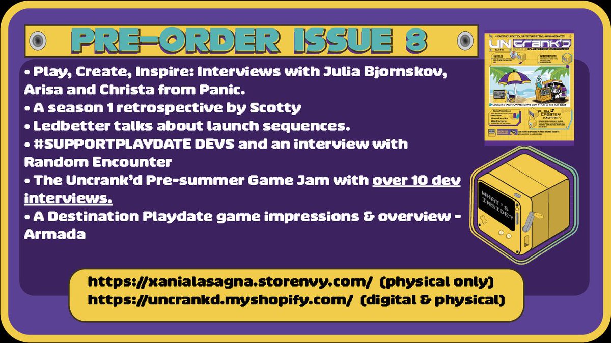UncrankdPD's tweet image. Today’s the day, #Playdate community!
Pre-order your physical copy of issue 8 today.
uncrankd.myshopify.com (digital & physical)
xanialasagna.storenvy.com (physical only)
A Friday Five on Substack is coming later today!
#playdate
#supportplaydatedevs