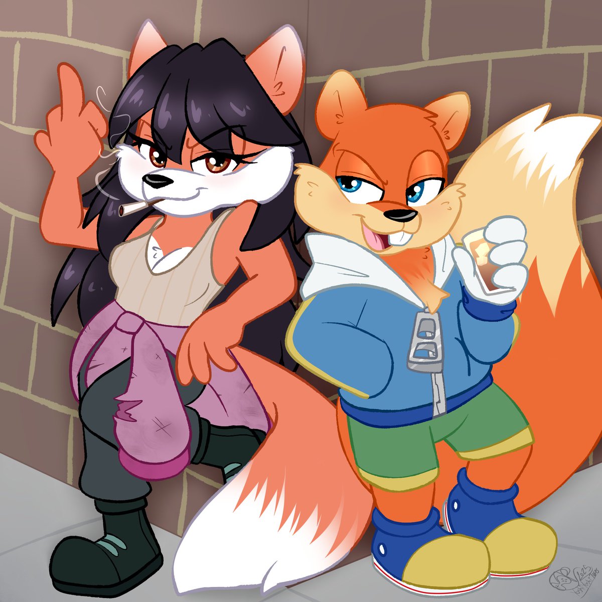 TheArtYoshi's tweet image. here is a pic I've been working on for a bit now 💖
look at these cuties &gt;:3
#Conker #ConkersBadFurDay #rareware