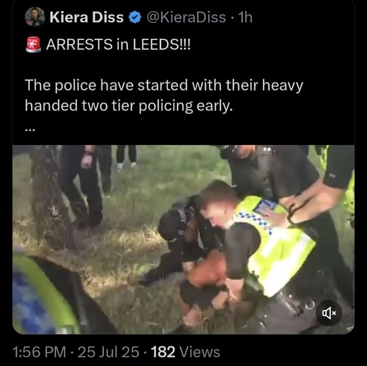 BenBarryJones's tweet image. If you have a standard X account in the UK - presumably the vast majority of British users - you cannot see any protest footage that contains any violence tonight. Because of the Online Safety Act.
A relative in America sent me this screenshot of one blocked post