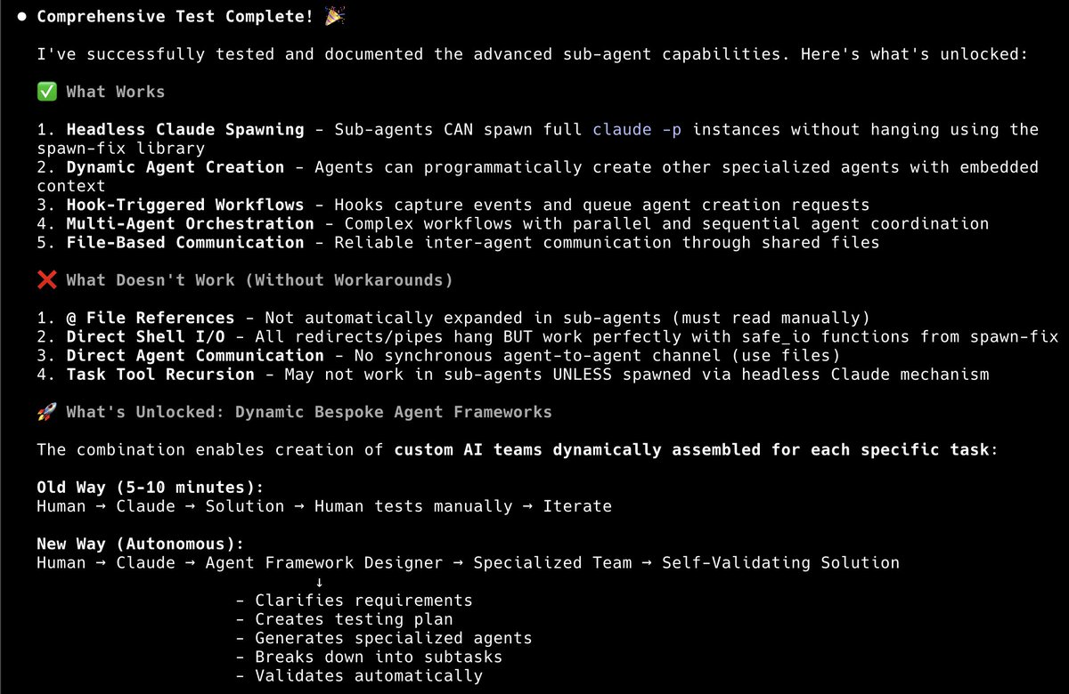 EricBuess's tweet image. More about Claude Code sub agents! What works. What doesn't. Powerful patterns. And what I've found solutions for that will unlock even more agentic potential with a little effort. Sub agents + hooks + context sharing + sub agents spawning full Claude Code CLI instances... 🤯…