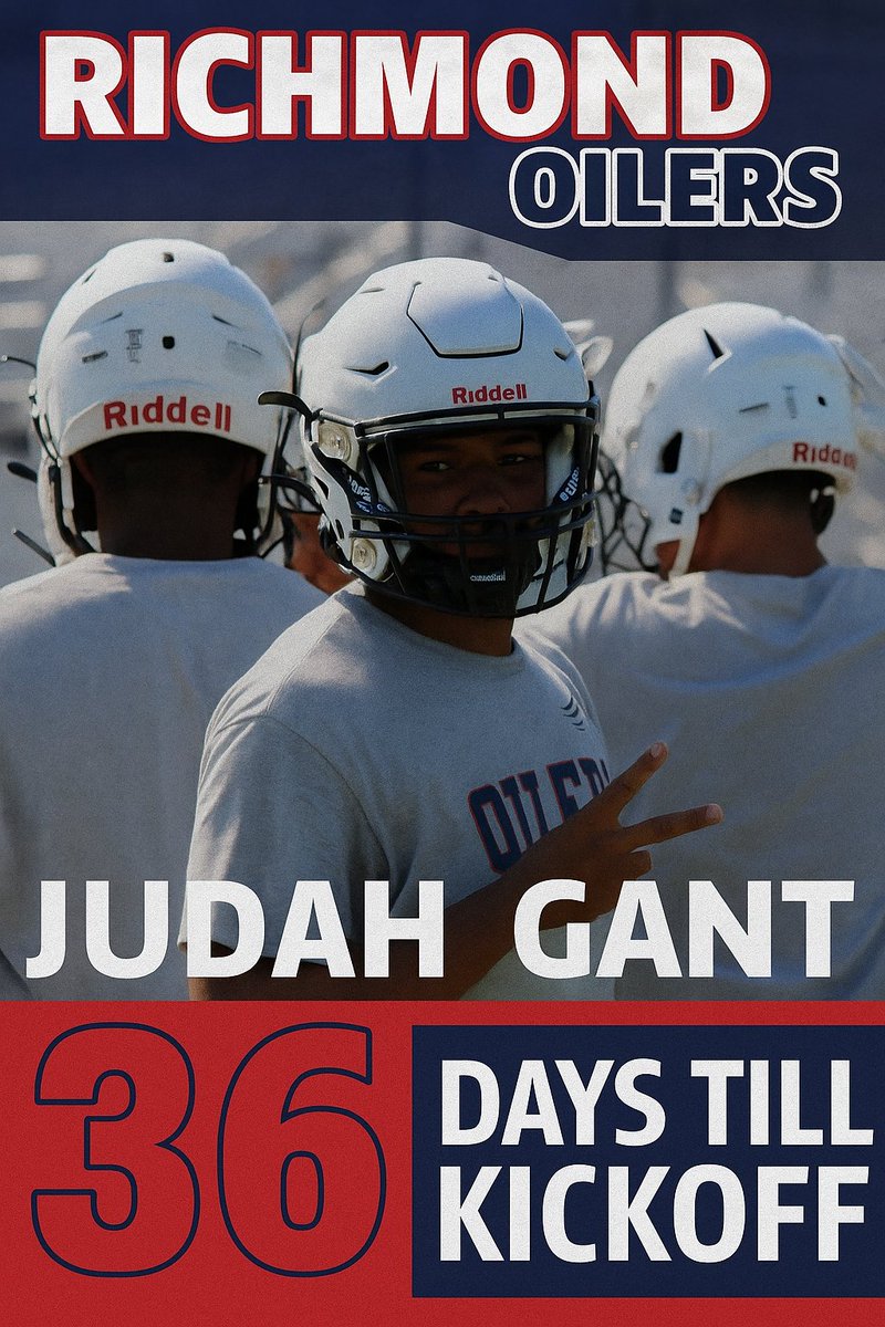 🚨 36 DAYS TILL KICKOFF 🚨
The countdown is on! The grind continues as we rep Richmond. Pride &amp; Purpose every snap. 💪🏾🏈

Let’s go, Oilers! 🔵🔴
#OilerNation #36Days #PrideAndPurpose #RichmondOilers #FridayNightLights #GoOilers