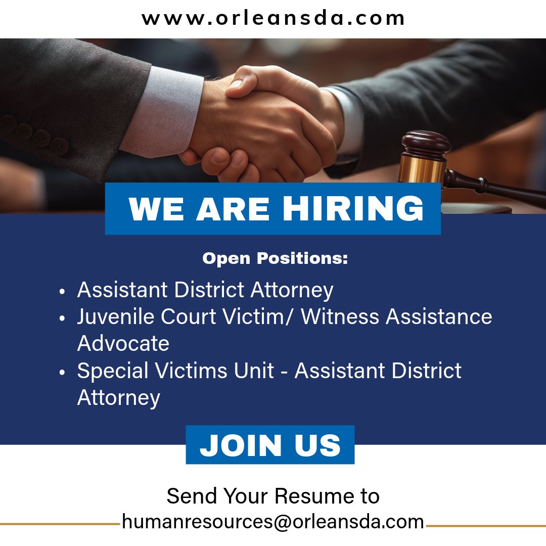 Jason Williams (@runwithjason) on Twitter photo Looking to make a difference in your community? The Orleans Parish District Attorney’s Office is hiring for several key positions.
Tap the link in our bio or send your resume to humanresources@orleansda.com
Let’s build a safer, stronger New Orleans together. Looking to make a difference in your community? The Orleans Parish District Attorney’s Office is hiring for several key positions.
Tap the link in our bio or send your resume to humanresources@orleansda.com
Let’s build a safer, stronger New Orleans together.