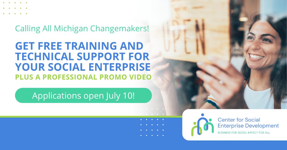 Calling all Michigan changemakers! Get $15K+ in free support to grow your social enterprise. Training. 1:1 help. A pro promo video. 

Applications open NOW. csed-mi.com