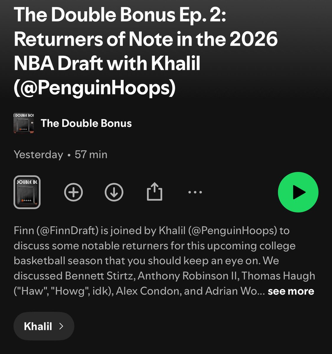 FinnDraft (@finndraft) on Twitter photo Huge thank you to one of my favorite draft guys in the space, <a href="/PenguinHoops/">khalil ๐๐ง</a>, for hopping on the show today to talk returners of note in the 2026 class. Apple podcast was being annoying so weโll be uploading only exclusively on Spotify for now. We talked Stirtz, Ant Rob + more. Huge thank you to one of my favorite draft guys in the space, <a href="/PenguinHoops/">khalil ๐๐ง</a>, for hopping on the show today to talk returners of note in the 2026 class. Apple podcast was being annoying so weโll be uploading only exclusively on Spotify for now. We talked Stirtz, Ant Rob + more.