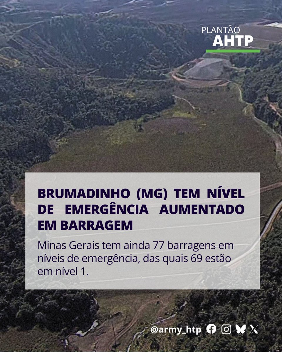 ARMY_HTP's tweet image. 🚨PLANTÃO AHTP🚨
A ANM (Agência Nacional de Mineração) elevou o nível de 1 para 2 de emergência da Barragem B1-A da empresa Emicon Mineração e Terraplenagem, em Brumadinho (MG). O informe foi divulgado nesta quarta-feira (23) como medida de prevenção. Ainda segundo a agência,…