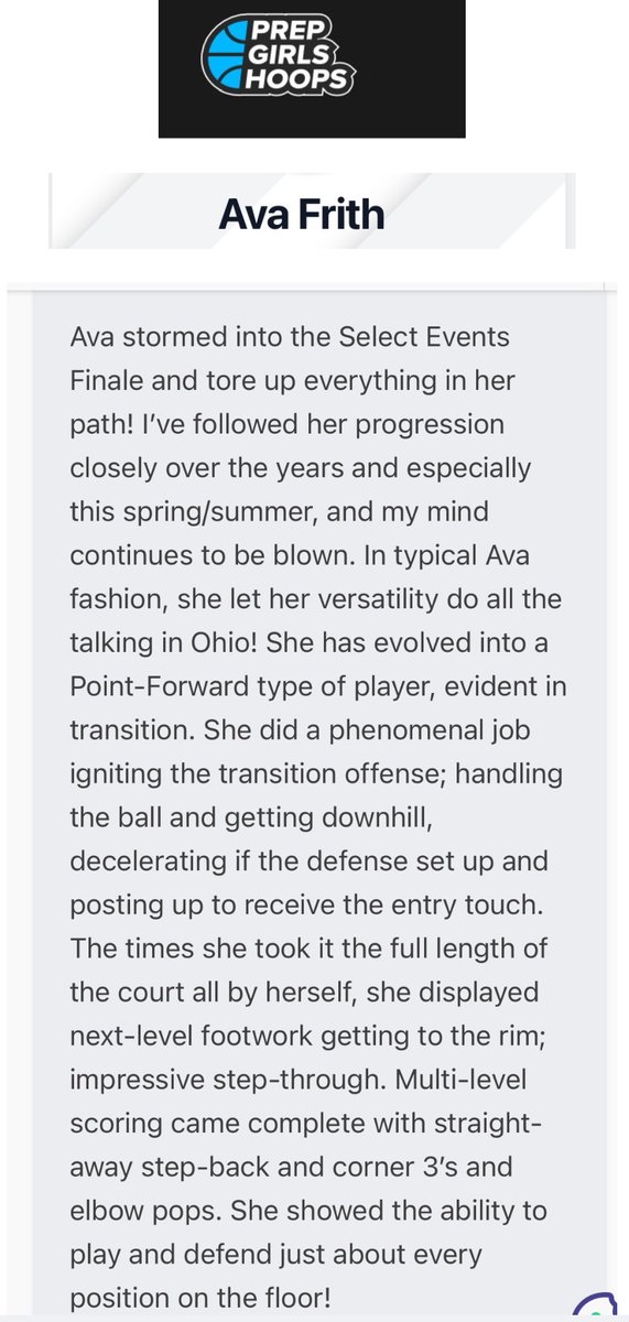 Ava_Frith2026's tweet image. Thank you @EJayArrow for taking the time to watch my games, and for this write up! The Finale in Ohio did not disappoint. Loved finishing up AAU there! @TeamSharp23 @SelectEventsBB @CoachYoungNJ @emb_nj