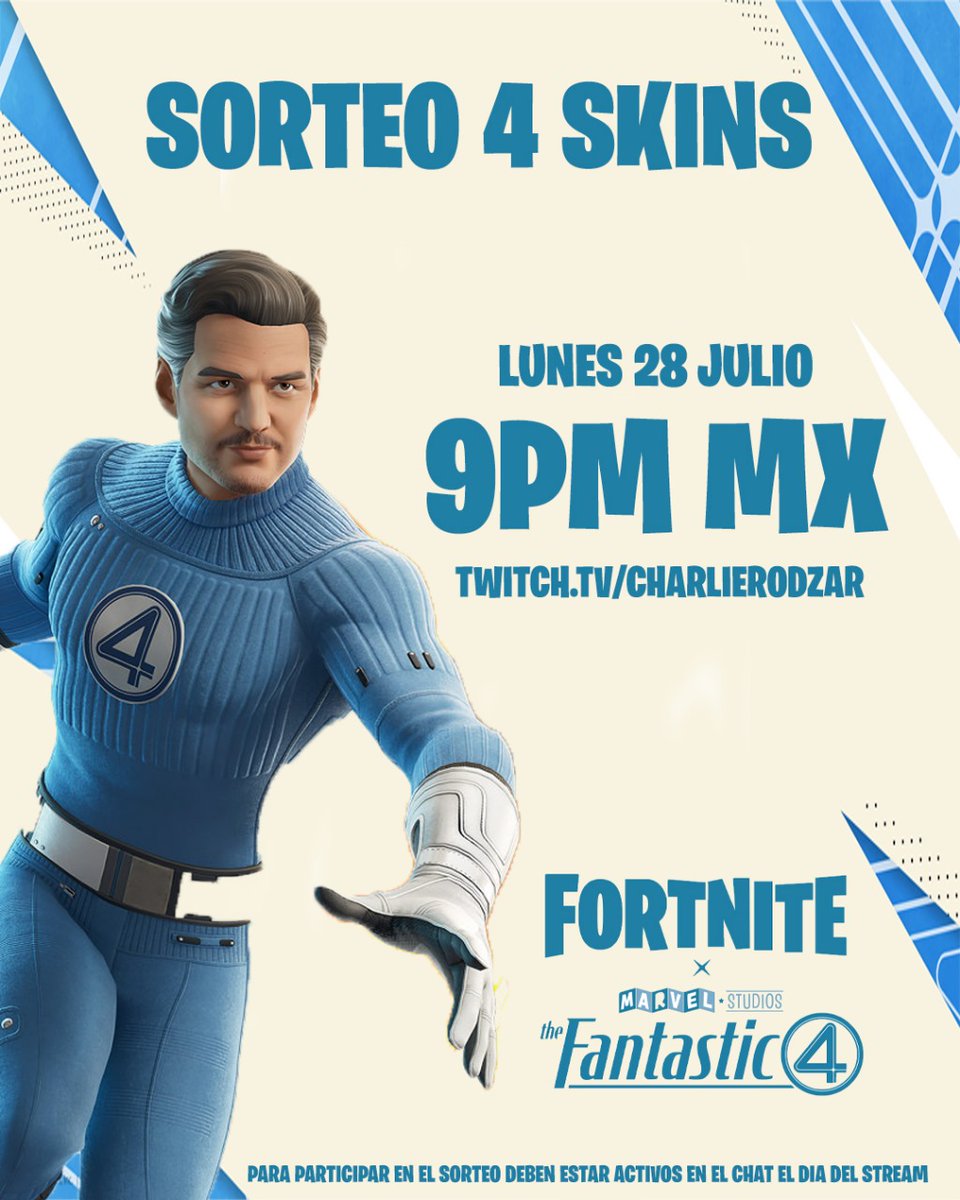 CharlieRodZar's tweet photo. Los 4 Fantásticos llegan a @fortnite y a nuestro canal de Twitch, este lunes 28 de julio se sortearan 4 skins de los 4 fantásticos, el sorteo se realizara entre todos los que estén activos en el chat. https://t.co/Yw2djE5fuD https://t.co/CoRYgmJ0ES
