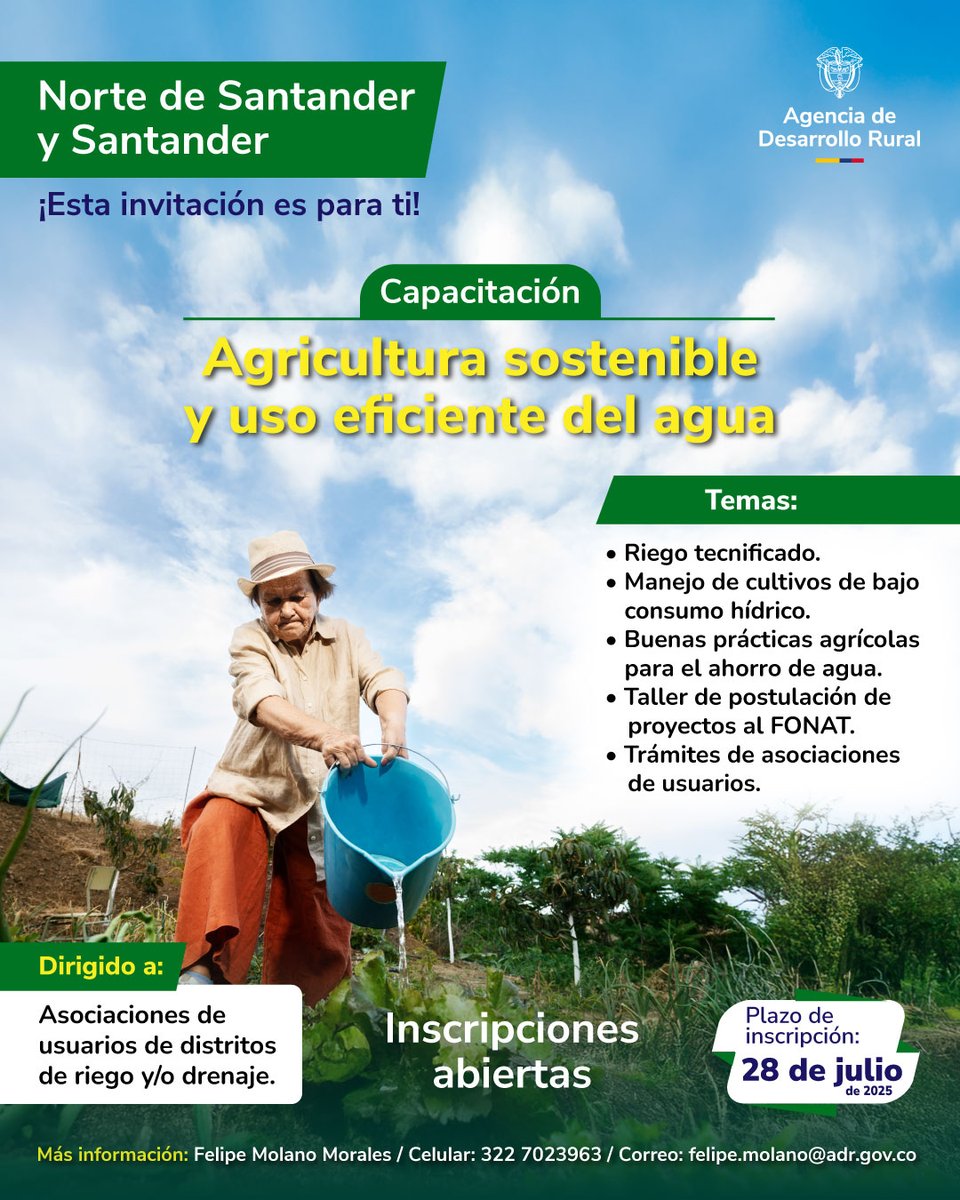 ADR_Colombia's tweet image. 🌱 ¡Capacítate para un futuro más sostenible! 🌍
🚜 ¡No te pierdas la capacitación sobre Agricultura Sostenible y el uso eficiente del agua! 💧
👉 Temas:
✅ Riego tecnificado
✅ Manejo de cultivos de bajo consumo hídrico
✅ Buenas prácticas agrícolas para el ahorro de agua
✅…