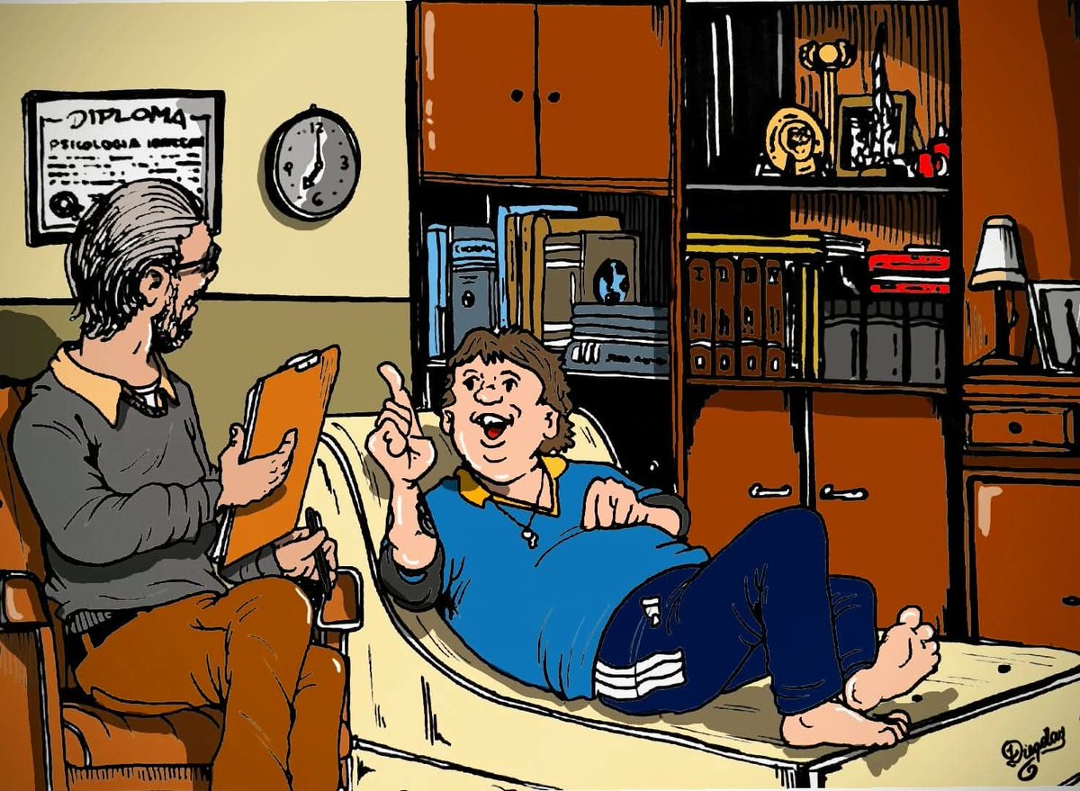 "...Se nos termina la sesion, Todo en su vida lo relaciona con el futbol? Noooo, no es tan asi doctor, si adiciona 5 minutos le explico..."

#psicologo #futbol #elfutbol #doctor #terapia #elbarrio #elclub #Diegolan #Dibujos