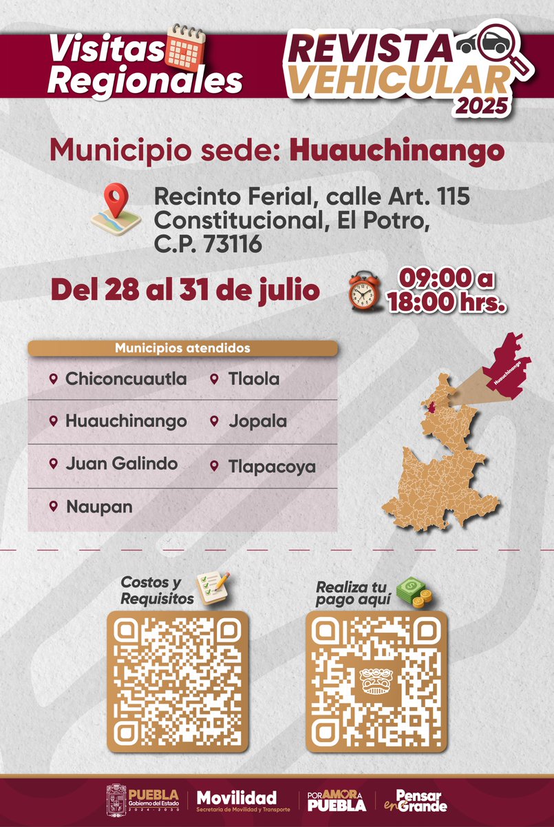 Secretaría de Movilidad y Transporte (@mtgobpue) on Twitter photo 🚍 ¡Pahuatlán y Huauchinango! Nos vemos la próxima semana en la #RevistaVehicular2025.
📌 Consulta requisitos
💳 Realiza tu pago
📆 Acude puntualmente
Cumplir también es cuidar.
El <a href="/Gob_Puebla/">Gobierno de Puebla</a> bajo el liderazgo del gobernador <a href="/armentapuebla_/">Alejandro Armenta</a>, contigo por un transporte seguro. 🚍 ¡Pahuatlán y Huauchinango! Nos vemos la próxima semana en la #RevistaVehicular2025.
📌 Consulta requisitos
💳 Realiza tu pago
📆 Acude puntualmente
Cumplir también es cuidar.
El <a href="/Gob_Puebla/">Gobierno de Puebla</a> bajo el liderazgo del gobernador <a href="/armentapuebla_/">Alejandro Armenta</a>, contigo por un transporte seguro.