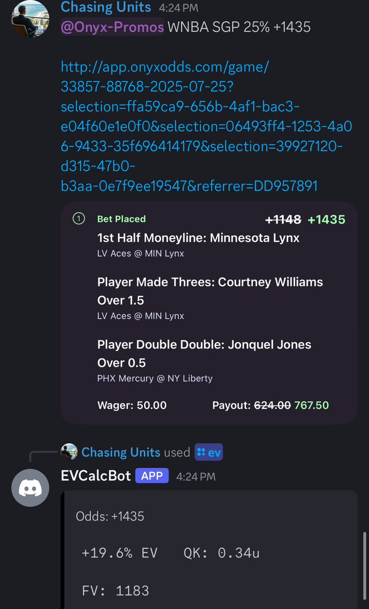 ChasingUnits_'s tweet image. Onyx 25% WNBA SGPx +1435