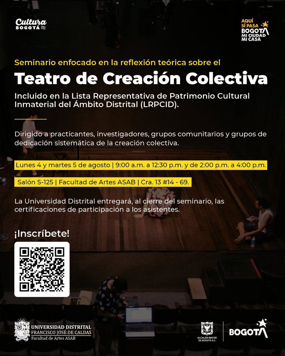 Facultad Artes-ASAB (@arteasab) on Twitter photo ¡Inscríbete al Seminario sobre Teatro de Creación Colectiva!
📅 4 y 5 de agosto
🕘 9:00 a.m. a 12:30 p.m. / 2:00 p.m. a 4:00 p.m.
📍 Salón S-125, Facultad de Artes ASAB
Dirigido a practicantes, investigadores y colectivos.
<a href="/Patrimoniobta/">Patrimonio Cultural</a> ¡Inscríbete al Seminario sobre Teatro de Creación Colectiva!
📅 4 y 5 de agosto
🕘 9:00 a.m. a 12:30 p.m. / 2:00 p.m. a 4:00 p.m.
📍 Salón S-125, Facultad de Artes ASAB
Dirigido a practicantes, investigadores y colectivos.
<a href="/Patrimoniobta/">Patrimonio Cultural</a>